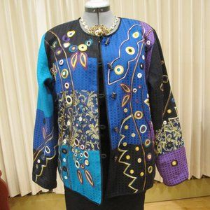 CHICOS MARKET jacket embroidered, lined, unusual buttons size 2 Blue + purple